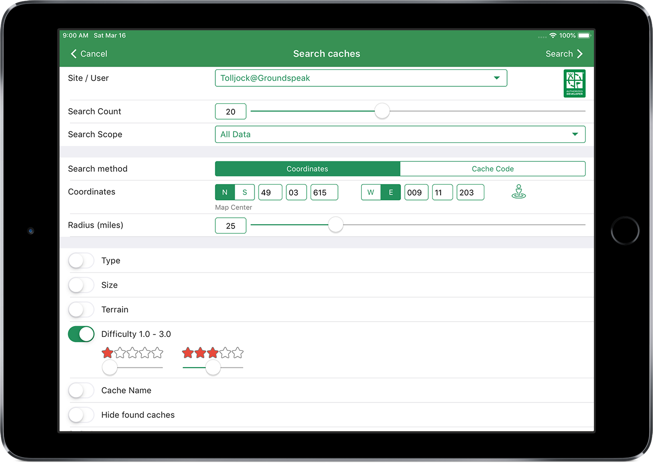 Geocache Search on iPad